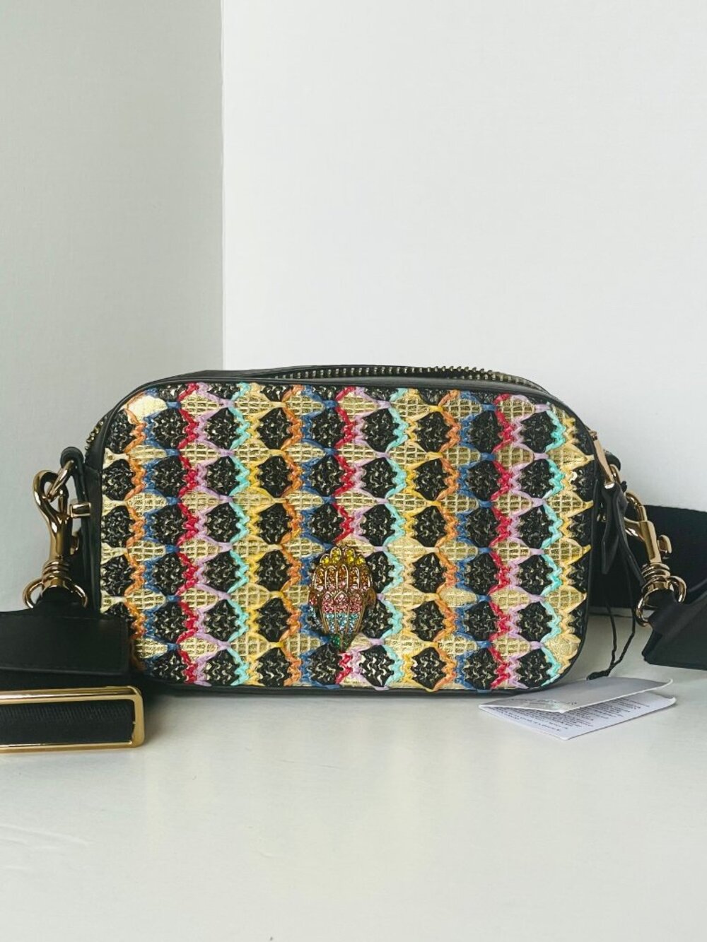 Kurt Geiger Small Kensington Gold Camera Bag Crystal Eagle Crossbody